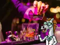 Pixel-Pferd mixt einen Drink, während ein Barkeeper Eis und Alkohol in ein Glas gießt. Perfektes Gin-Tonic-Verhältnis im Fokus.