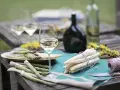 Ein Glas Weißwein steht neben frischem Spargel auf einem Holztisch. Die Frage welcher Wein zum Spargel passt, wird hier visuell beantwortet.
