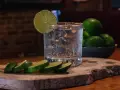 Ein erfrischender Gin Tonic, der klassische Cocktail, mit Eis, Limettenscheiben und frischen Limetten im Hintergrund.