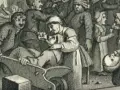 Eine Szene aus der Gin-Geschichte: Menschen in einer Taverne, einige trinken, andere scheinen zu leiden.