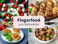 Vorbereitung für schnelles Fingerfood am Vortag: Caprese-Spieße, Blätterteig-Schnecken, Hackbällchen und herzhafte Teigstangen.