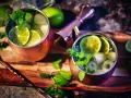 Zwei erfrischende Gin Mule Cocktails in Kupferbechern, garniert mit Limettenscheiben und Minze, bereit zum Genuss.