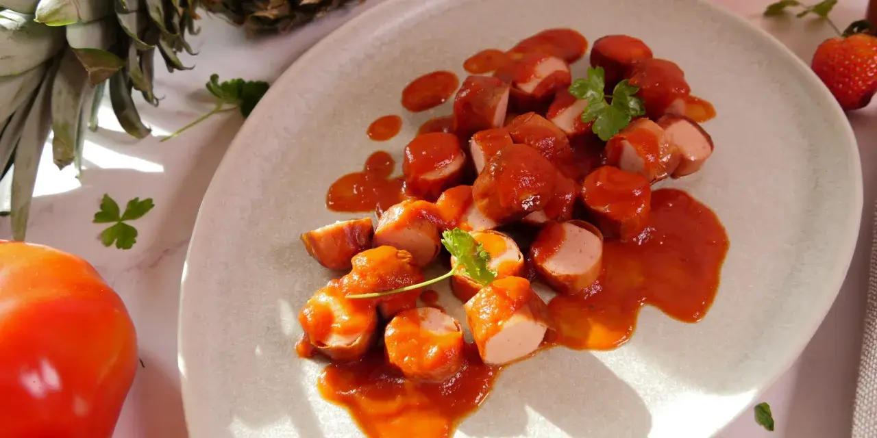 Leckeres Currywurst Rezept: Geschnittene Wurst in würziger Sauce, garniert mit Petersilie. Daneben Ananas, Orange und Tomaten.