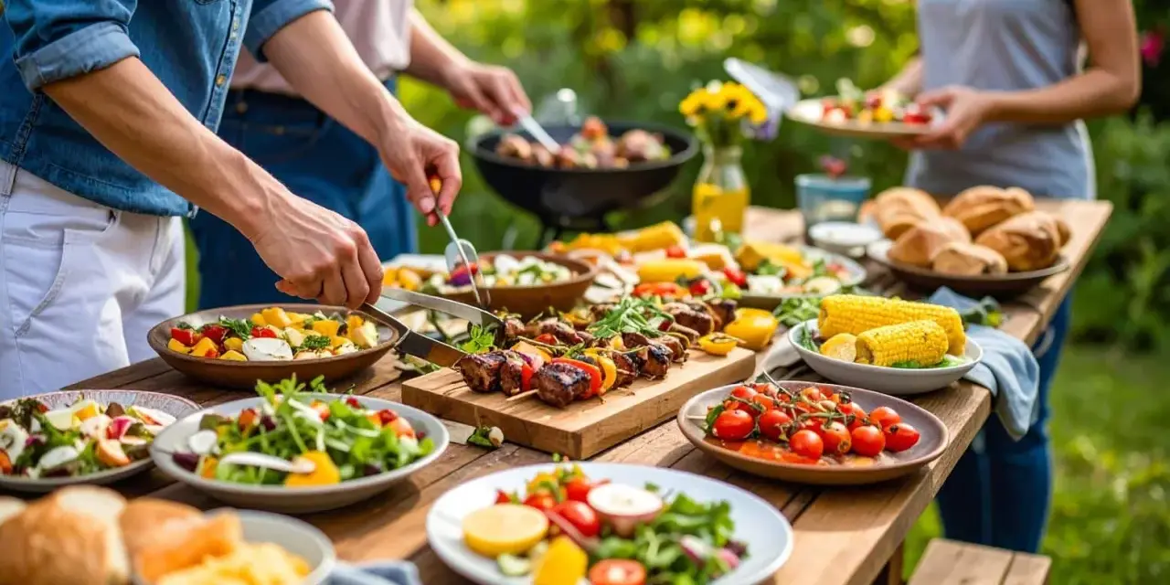Leckere Beilagen zum Grillen: Salate, Maiskolben, Tomaten und Spieße auf einem Holztisch im Freien.