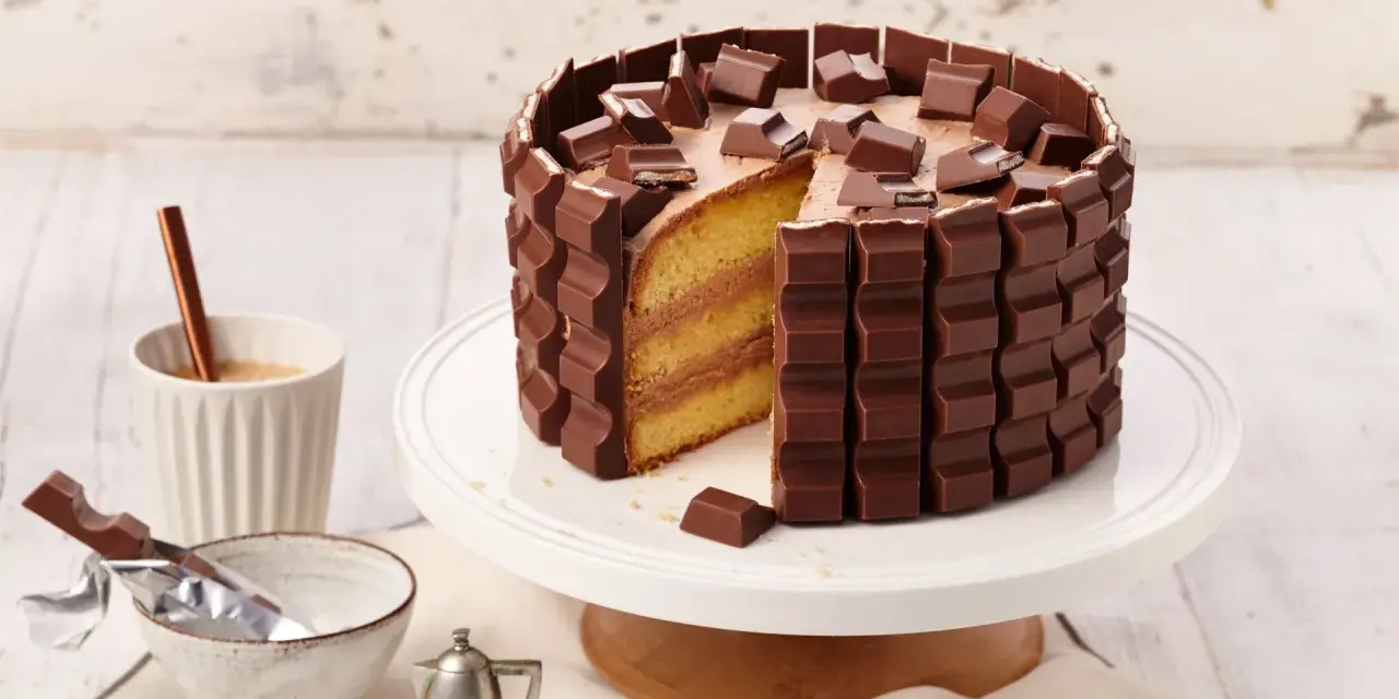 Eine köstliche Kinderriegel Torte, umhüllt von Schokoriegeln und garniert mit Stückchen. Ein Traum für jeden Schokoladenliebhaber!