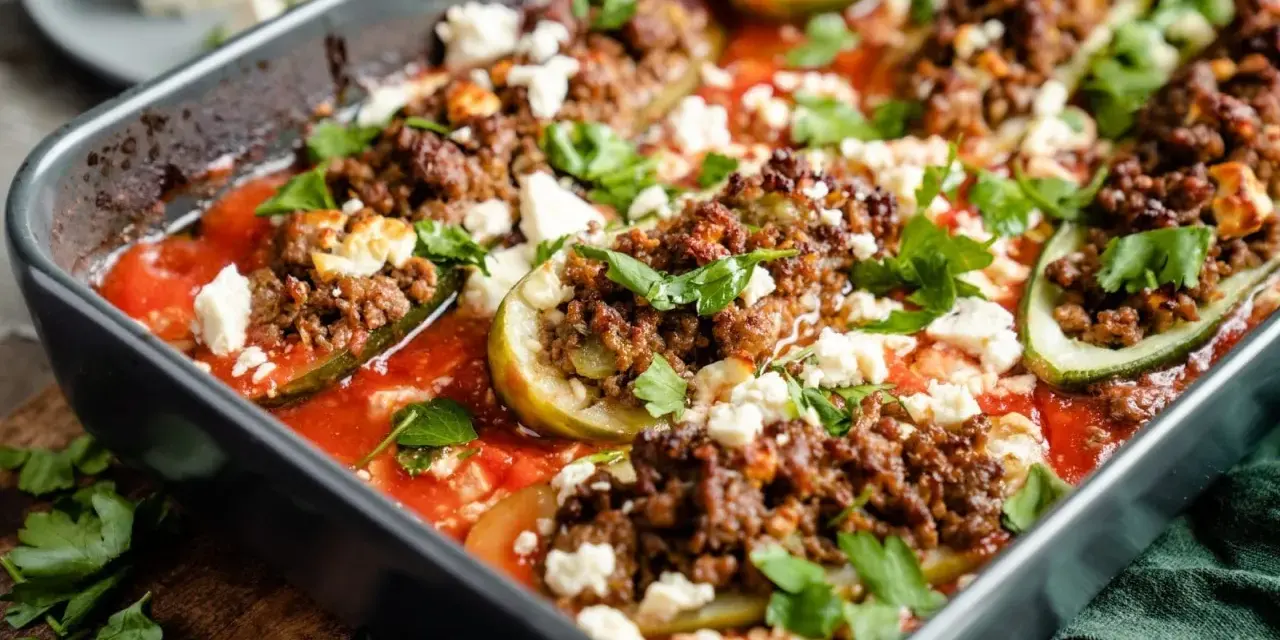 Gefüllte Zucchini mit Hackfleisch und Feta in Tomatensauce, ein köstliches Gericht, das zeigt, wie vielseitig Rezepte mit Gurken sein können.