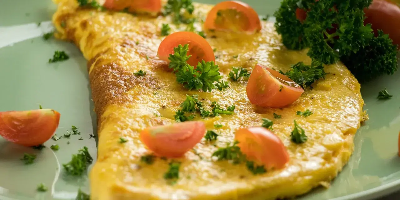 Ein goldgelbes Omelett, garniert mit Kirschtomaten und Petersilie. Ein einfaches und leckeres Omelett Rezept für jeden Tag.