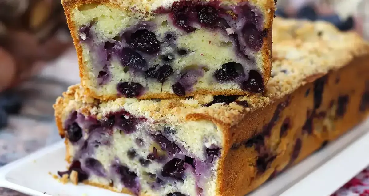 Saftiger Blaubeerkuchen mit Streuseln, ein Stück gestapelt auf dem ganzen Kuchen.