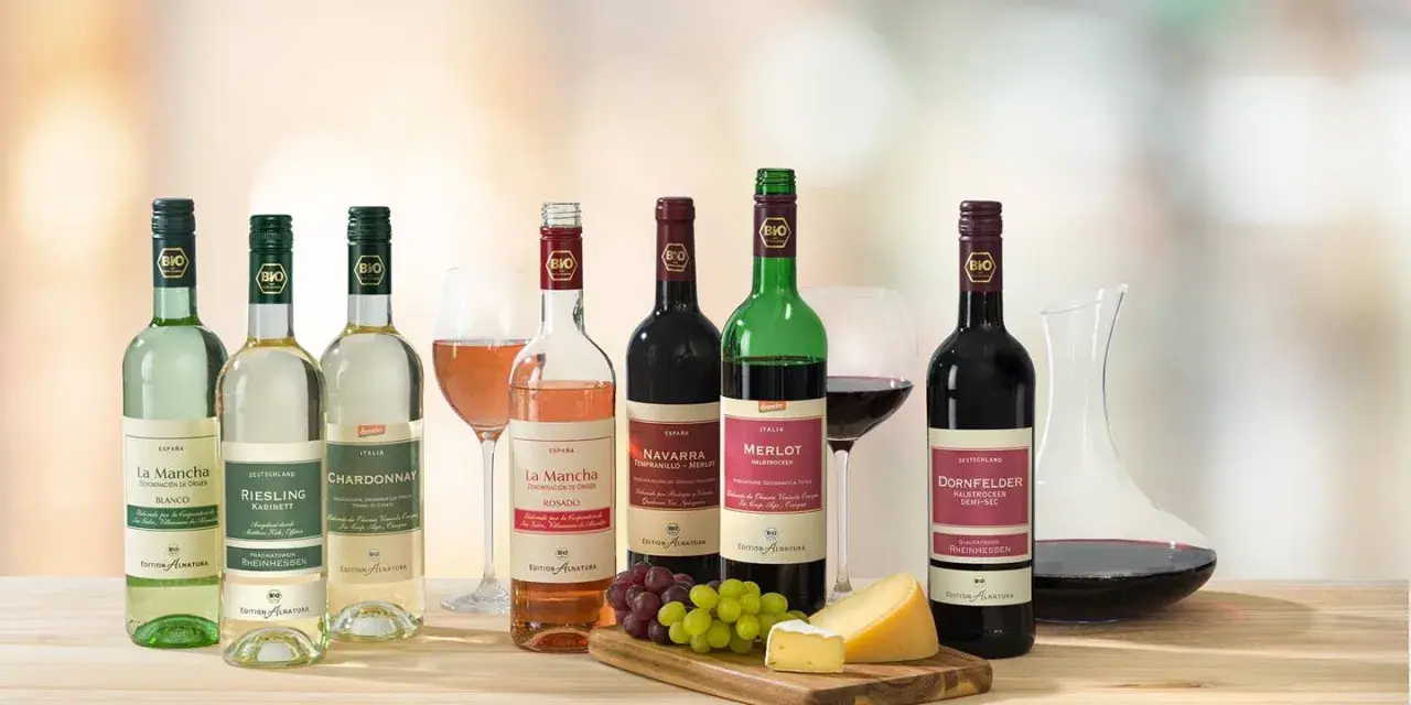 Eine Auswahl an Bio-Weinen, darunter verschiedene Weißwein Sorten wie Riesling und Chardonnay, neben Rot- und Roséweinen, Käse und Trauben.