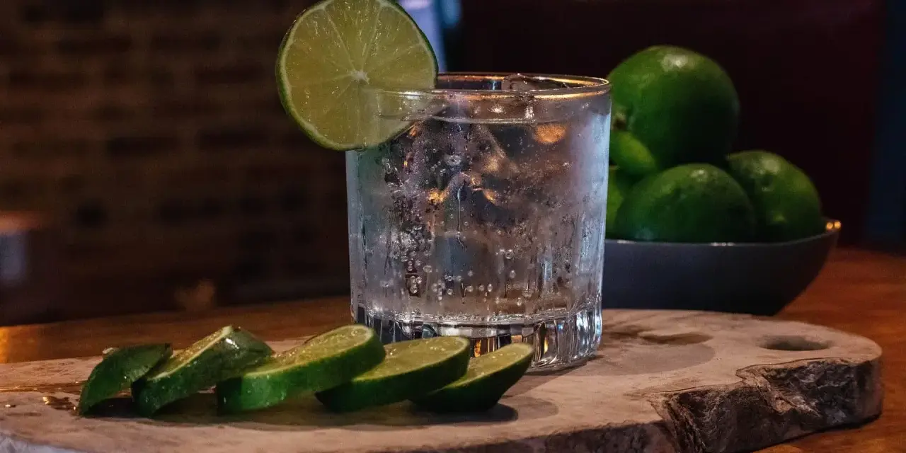 Ein erfrischender Gin Tonic, der klassische Cocktail, mit Eis, Limettenscheiben und frischen Limetten im Hintergrund.