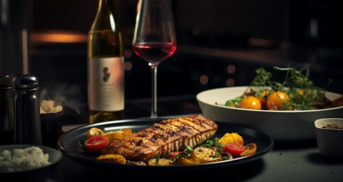 Ein gegrilltes Lachsfilet mit Gemüse, dazu ein Glas Rotwein. Die perfekte Antwort auf die Frage: welcher Wein zu Fisch.
