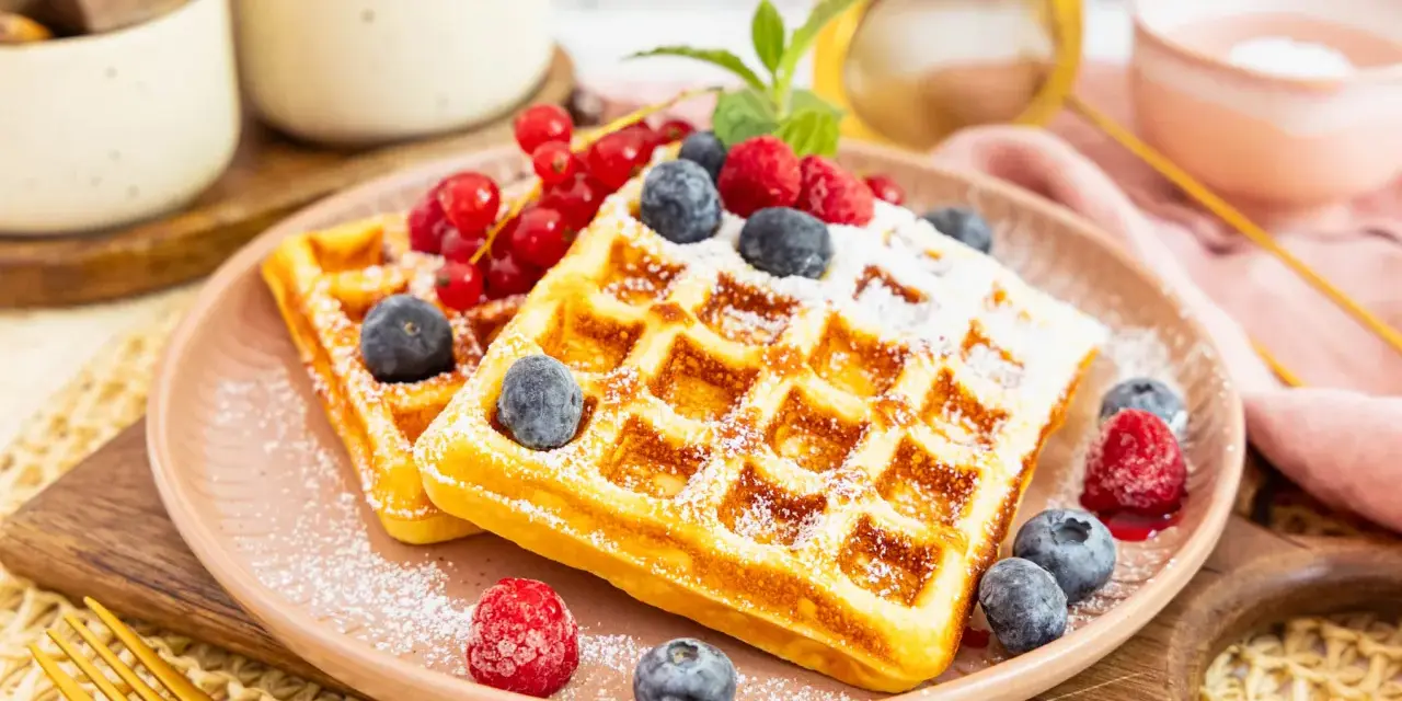 Zwei goldbraune Proteinwaffeln, bestäubt mit Puderzucker und garniert mit frischen Beeren und Johannisbeeren.