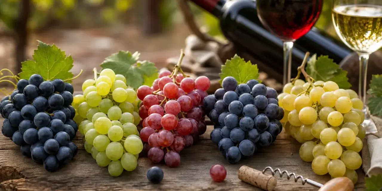Verschiedene rotwein sorten und Trauben liegen auf einem Holztisch. Daneben eine Flasche Rotwein und zwei Gläser.