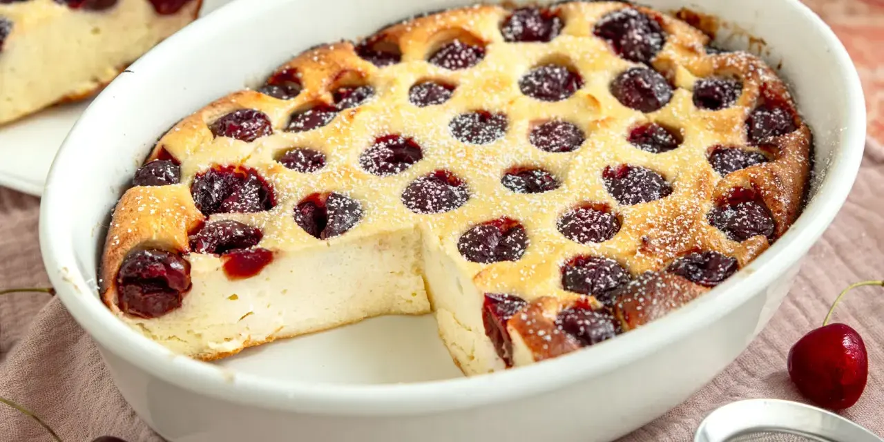 Ein goldbrauner Kirschauflauf mit Puderzucker bestäubt, bereit zum Servieren. Dieses Kirschauflauf Rezept ist ein Genuss!