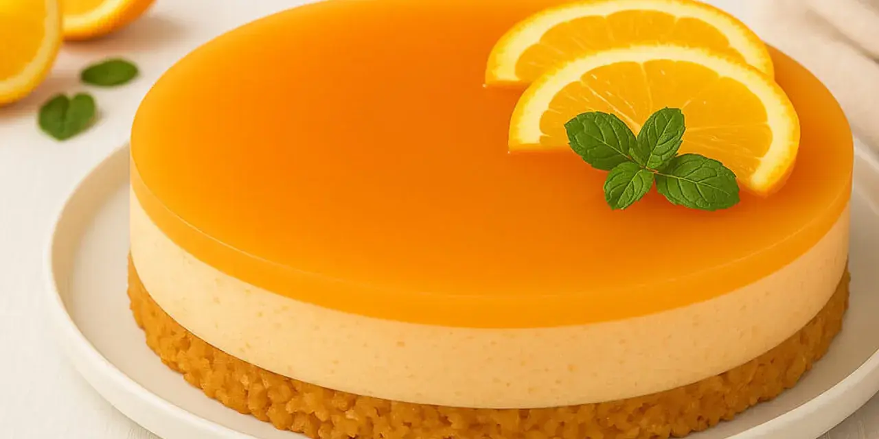 Eine leuchtend orangefarbene Aperol Torte mit Orangenscheiben und Minze, auf einem weißen Teller.