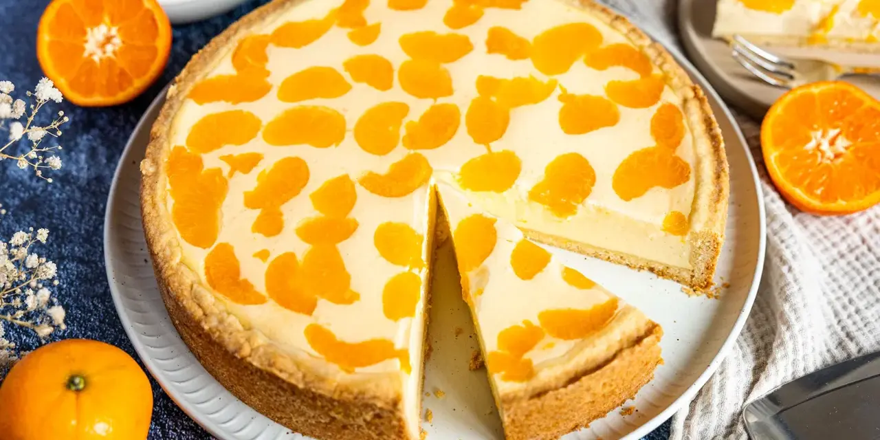 Ein saftiger faule weiber kuchen mit Mandarinenstücken, der auf einem Teller liegt. Daneben liegen frische Mandarinen und eine Tortenschaufel.