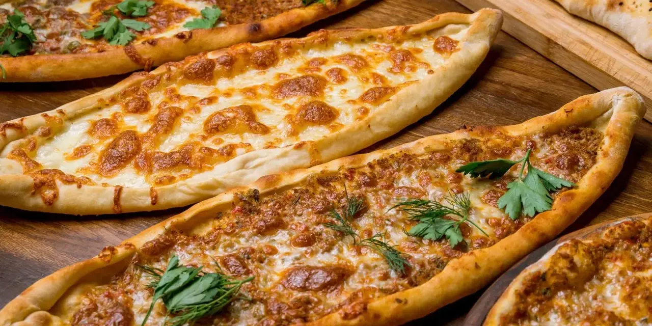 Mehrere Pide-Gerichte, darunter eines mit Käse und eines mit Hackfleisch, sind auf einem Holztisch arrangiert. Ein köstliches Pide Rezept!