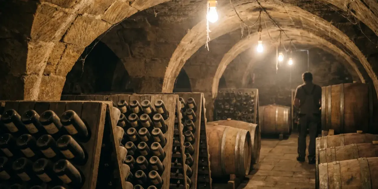 Weinlager mit Flaschenständern und Fässern. Ein Mann steht im Gang, wo die Methode Champenoise zur Reifung des Weins angewendet wird.