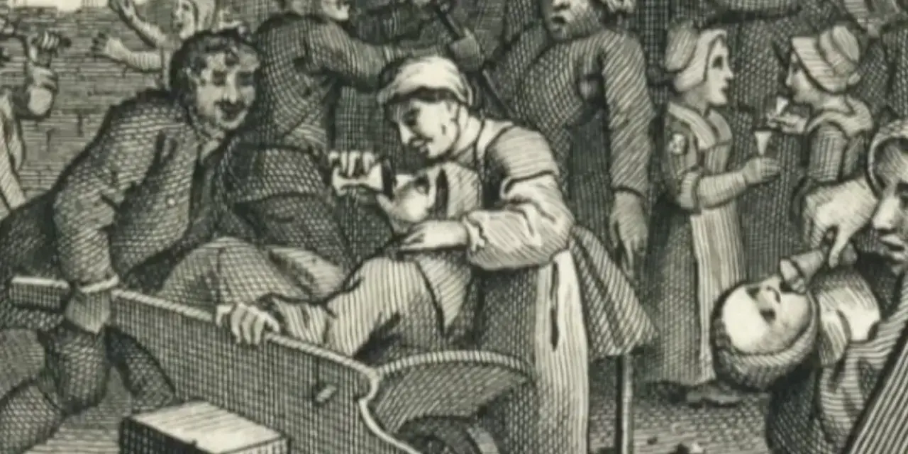 Eine Szene aus der Gin-Geschichte: Menschen in einer Taverne, einige trinken, andere scheinen zu leiden.