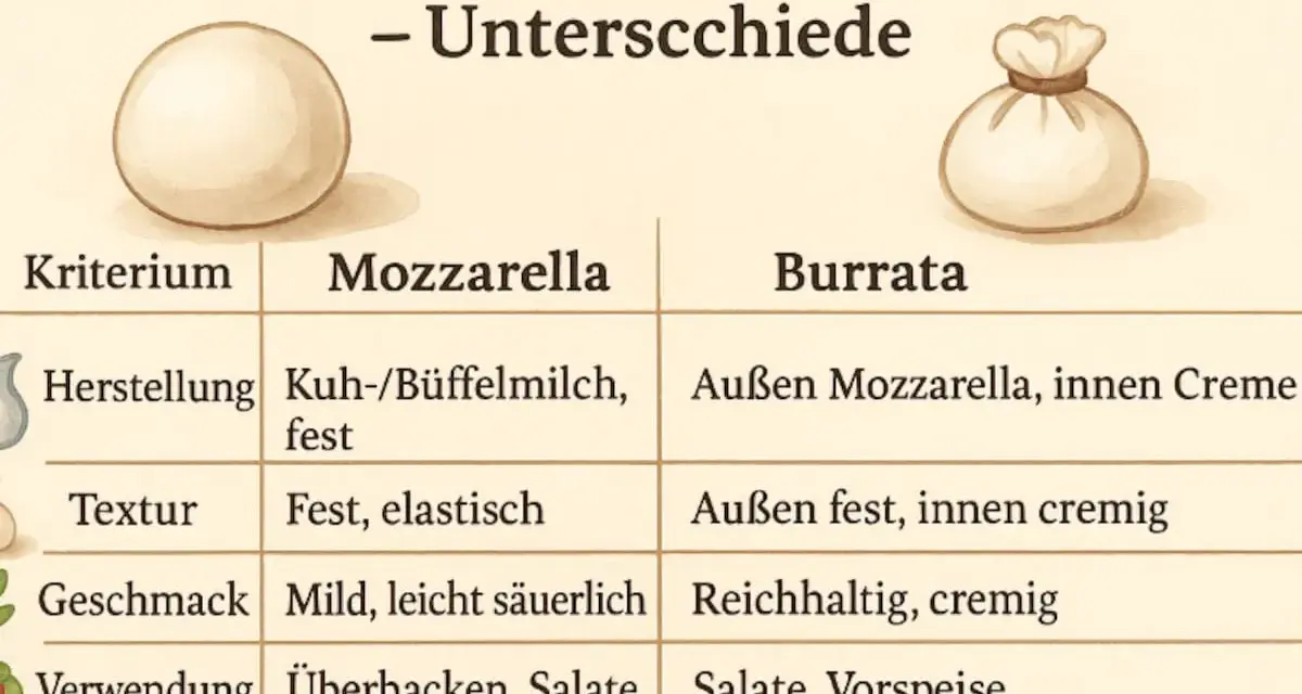 Vergleichstabelle: Was ist Burrata? Außen Mozzarella, innen cremig, reichhaltig und frisch genießen. Mozzarella ist fest und mild.