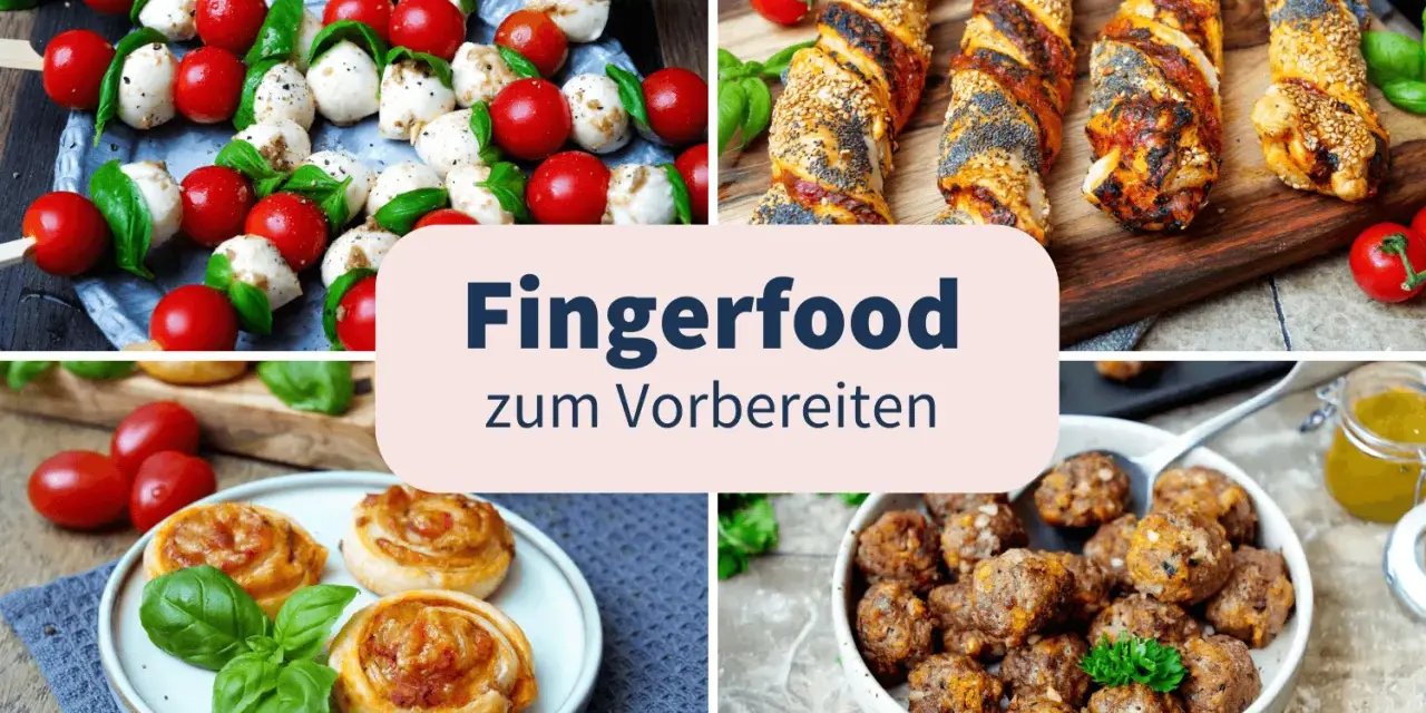 Vorbereitung für schnelles Fingerfood am Vortag: Caprese-Spieße, Blätterteig-Schnecken, Hackbällchen und herzhafte Teigstangen.