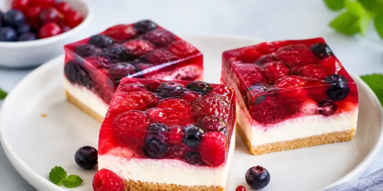 Drei Stücke einer erfrischenden sommertorte mit Beeren und Gelee auf einem Teller.