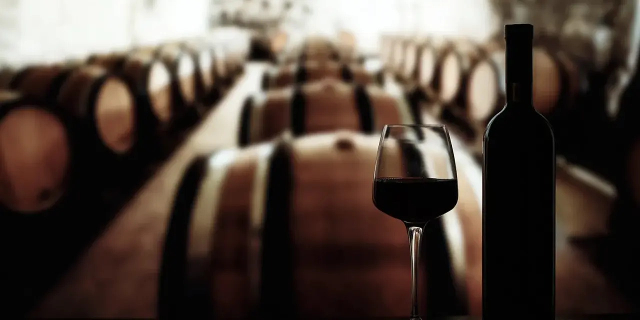 Ein Glas und eine Flasche Rotwein stehen vor einer Reihe von Eichenfässern in einer Weinkeller. Ein perfekter Rioja Spanien Wein.