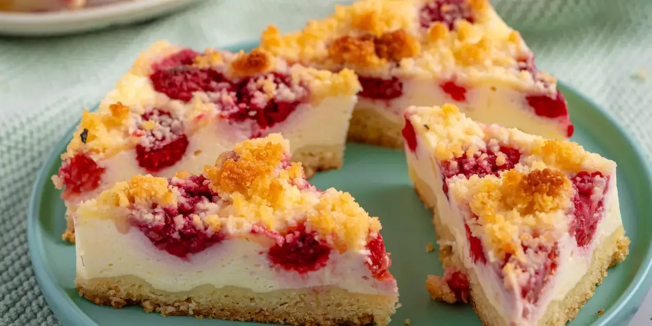 Saftiger Himbeer Streuselkuchen mit cremigem Käsekuchenbelag und knusprigen Streuseln. Ein Genuss für jeden Kaffeetisch.