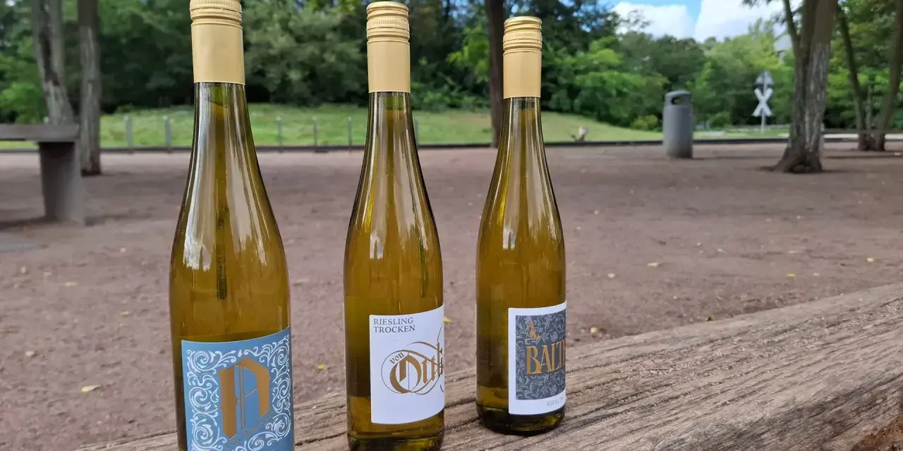 Drei Flaschen trockener Riesling stehen auf einem Holztisch im Freien. Die Etiketten zeigen verschiedene Designs, aber alle deuten auf die beliebte Riesling Rebsorte hin.