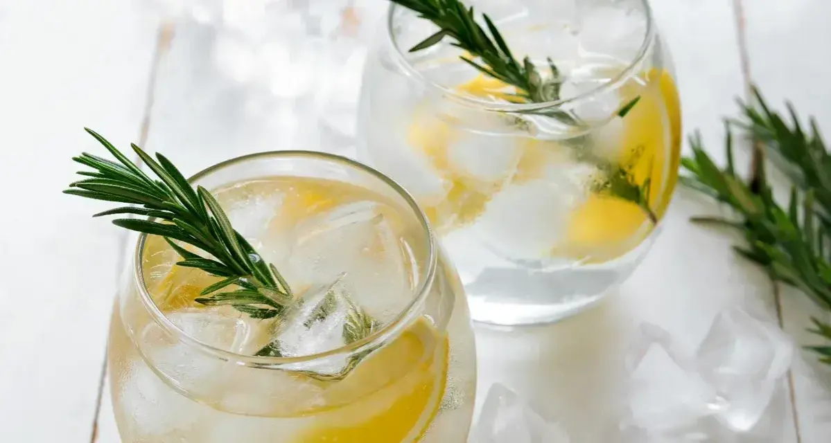 Zwei Gläser mit erfrischendem Gin mit Tonic Water, Eiswürfeln, Zitronenscheiben und Rosmarinzweigen.