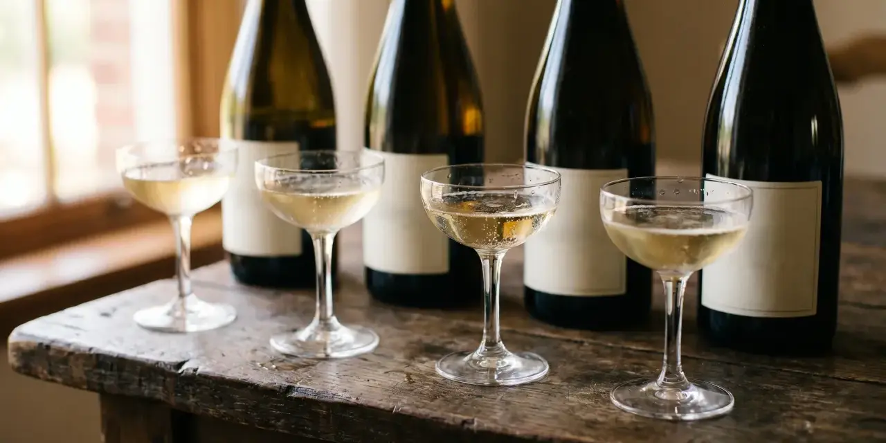 Vier Gläser mit sprudelndem Champagner Sekt stehen auf einem Holztisch vor mehreren dunklen Flaschen.
