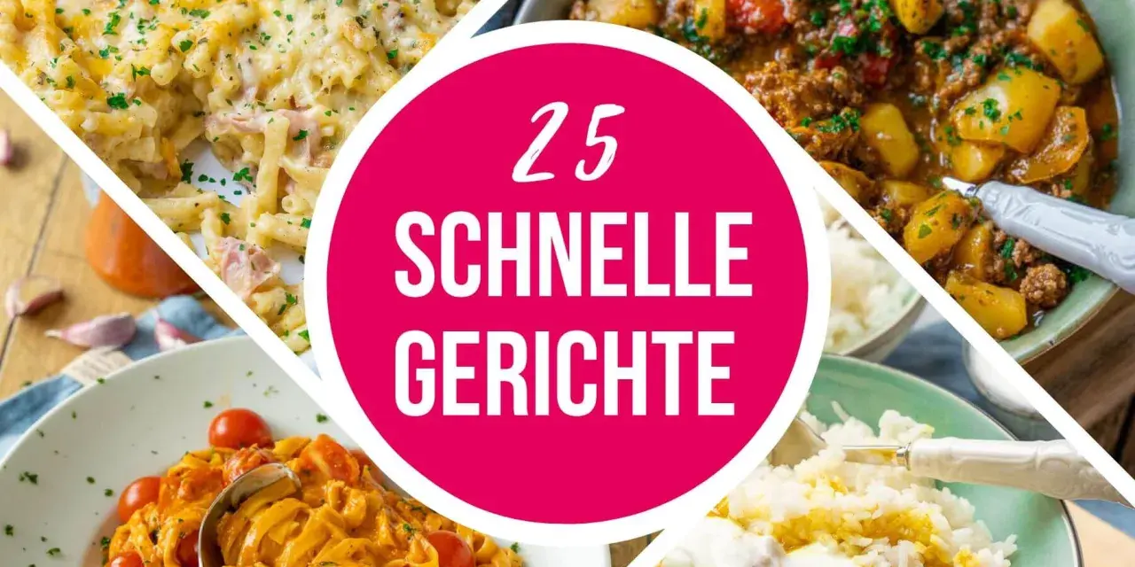 Vier leckere, schnelle Gerichte: Nudelauflauf, Gulasch mit Kartoffeln, Pasta mit Tomatensoße und Curry mit Reis. Perfekt für den Feierabend!