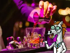Pixel-Pferd mixt einen Drink, während ein Barkeeper Eis und Alkohol in ein Glas gießt. Perfektes Gin-Tonic-Verhältnis im Fokus.