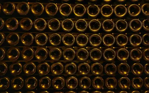 Reihen von Champagnerflaschen, die aufrecht stehen. Der Champagner hat einen Alkoholgehalt von etwa 12%.