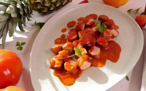 Leckeres Currywurst Rezept: Geschnittene Wurst in würziger Sauce, garniert mit Petersilie. Daneben Ananas, Orange und Tomaten.