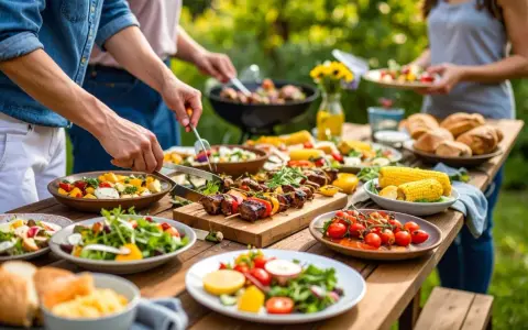 Leckere Beilagen zum Grillen: Salate, Maiskolben, Tomaten und Spieße auf einem Holztisch im Freien.