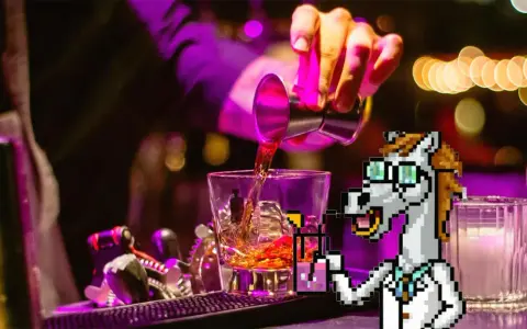 Pixel-Pferd mixt einen Drink, während ein Barkeeper Eis und Alkohol in ein Glas gießt. Perfektes Gin-Tonic-Verhältnis im Fokus.