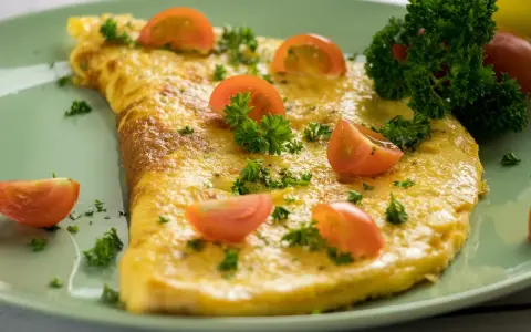 Ein goldgelbes Omelett, garniert mit Kirschtomaten und Petersilie. Ein einfaches und leckeres Omelett Rezept für jeden Tag.