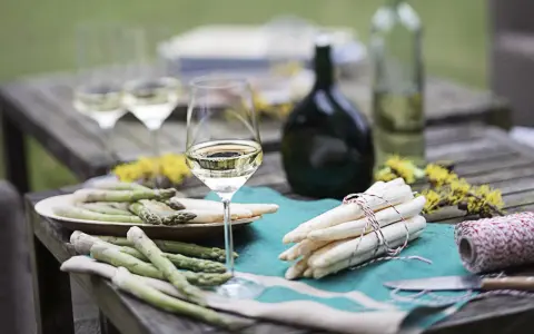 Ein Glas Weißwein steht neben frischem Spargel auf einem Holztisch. Die Frage welcher Wein zum Spargel passt, wird hier visuell beantwortet.