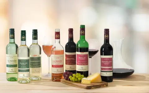 Eine Auswahl an Bio-Weinen, darunter verschiedene Weißwein Sorten wie Riesling und Chardonnay, neben Rot- und Roséweinen, Käse und Trauben.