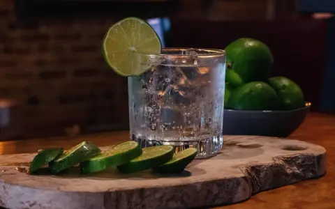 Ein erfrischender Gin Tonic, der klassische Cocktail, mit Eis, Limettenscheiben und frischen Limetten im Hintergrund.