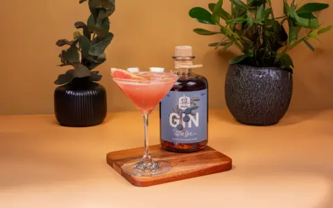 Ein erfrischender Sloe Gin Fizz mit Grapefruit-Garnitur neben einer Flasche Sloe Gin.