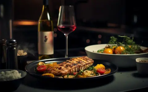 Ein gegrilltes Lachsfilet mit Gemüse, dazu ein Glas Rotwein. Die perfekte Antwort auf die Frage: welcher Wein zu Fisch.