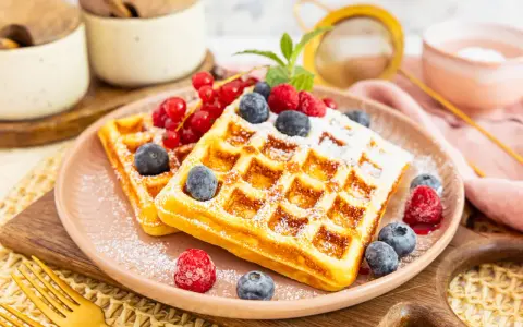 Zwei goldbraune Proteinwaffeln, bestäubt mit Puderzucker und garniert mit frischen Beeren und Johannisbeeren.