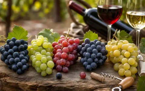 Verschiedene rotwein sorten und Trauben liegen auf einem Holztisch. Daneben eine Flasche Rotwein und zwei Gläser.