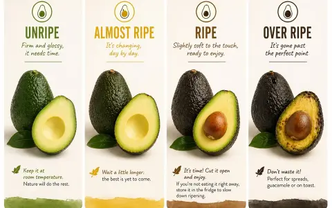 Avocados in verschiedenen Reifestadien: unreif, fast reif, reif und überreif. So lässt man Avocados reifen.