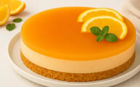 Eine leuchtend orangefarbene Aperol Torte mit Orangenscheiben und Minze, auf einem weißen Teller.