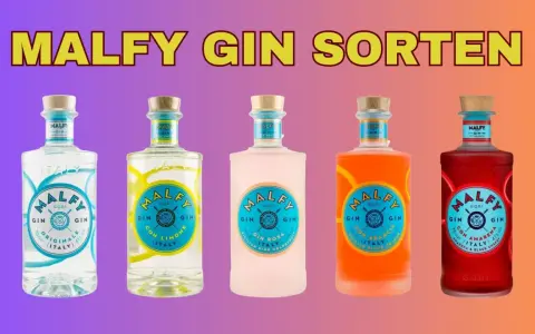 Fünf Malfy Gin Sorten: Originale, Con Limone, Gin Rosa, Con Arancia und Con Amarena.