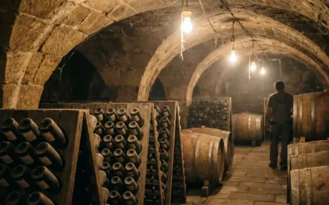 Weinlager mit Flaschenständern und Fässern. Ein Mann steht im Gang, wo die Methode Champenoise zur Reifung des Weins angewendet wird.