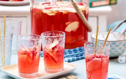 Erfrischende alkoholfreie Bowle mit Apfelstücken in Gläsern, bereit für ein sommerliches Treffen.
